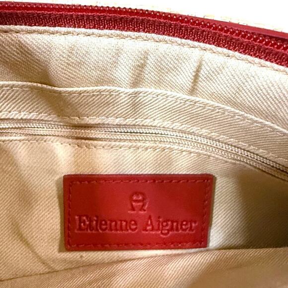 VTG Etienne Aigner Woven Straw & Cranberry Trim Shoulder Bag Wood Sandal Fob - Picture 6 of 14